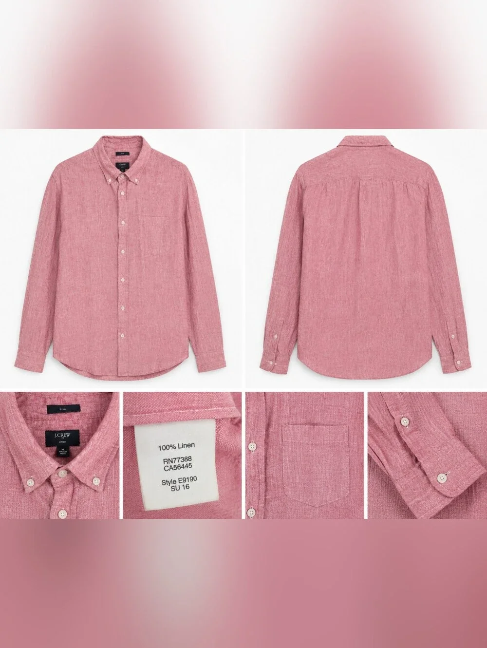 J.Crew Linen Shirt Men's XL Slim Fit Pink Button Front Long Sleeve 100% Linen.